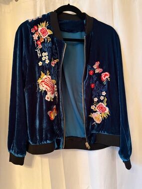 Embroidered Teal Velvet Bomber Jacket - Women's LOOK AT DESCRIPTION